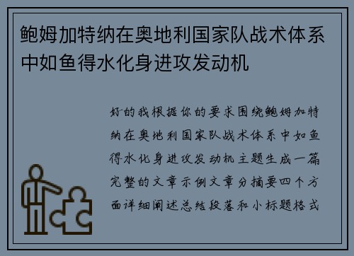 鲍姆加特纳在奥地利国家队战术体系中如鱼得水化身进攻发动机